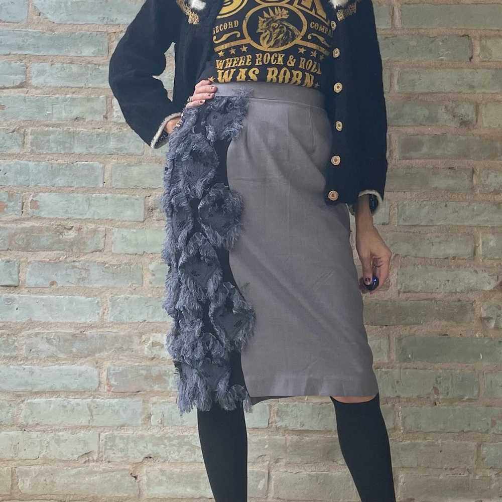 Calvin Luo Skirt Pencil Grey Black Suiting Feathered Stitching Panel NWT Runway